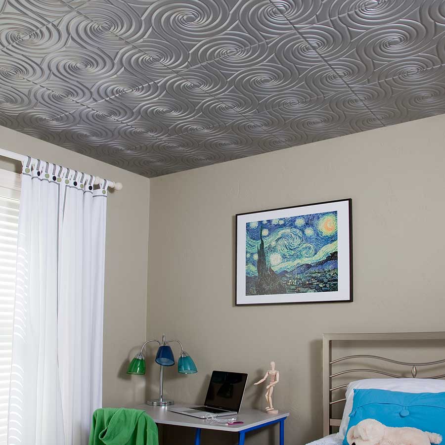 Fasade Ceiling Tile-2x2 Direct Apply-Typhoon in Argent Silver